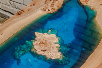beautiful wooden table made of elm slab and epoxy resin