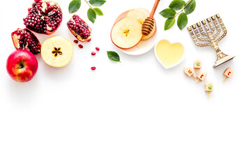 Jewish holiday background - food for Rosh Hashanah. Above view