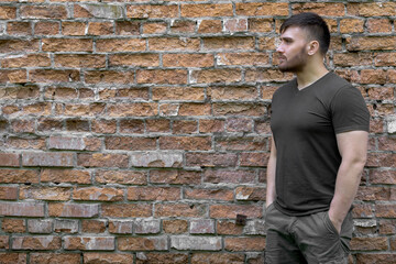 Bearded man on a background of a brick wall.