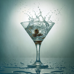 Martini glass with splash and olives