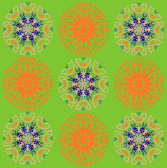 Orange and beige patterns on the green background