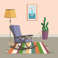 purple rocking chair in the interior with a striped carpet floor lamp and a painting on the wall