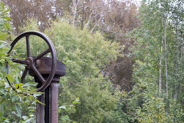 Old rusty valve close up on greenery background.