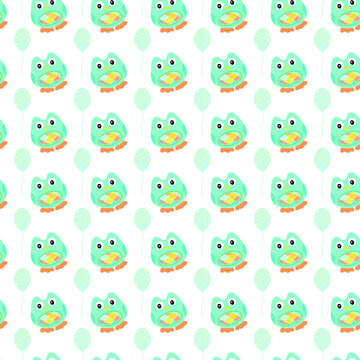  blue owls with balloons seamless repeat pattern