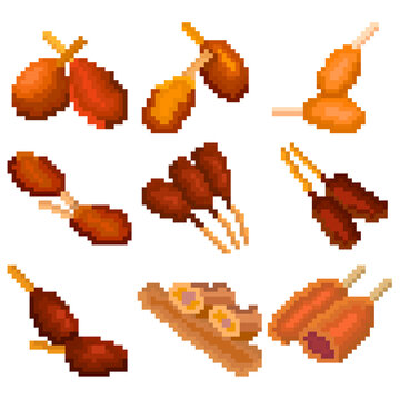 A set of nine food items made up of pixels. Corn dog or sausage in cheese dough. Old graphics, interesting images for games, websites, restaurant menus, and more.