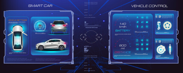 Holographic interface with parameters and characteristics of passenger car. Management and diagnostics of smart city electric vehicle. Custom touchpad with car and HUD, GUI, UI elements