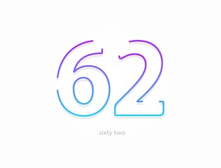 62 number, outline stroke gradient font. Trendy, dynamic creative style design. For logo, brand label, design elements, application and more. Isolated vector illustration