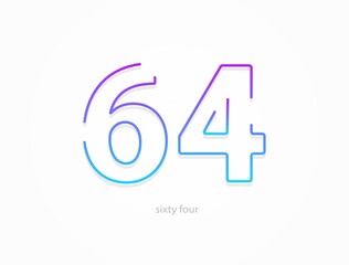64 number, outline stroke gradient font. Trendy, dynamic creative style design. For logo, brand label, design elements, application and more. Isolated vector illustration