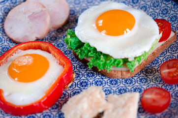 Egg with ham, vegetables and parmesan cheese
