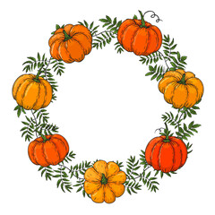 wreath is made from color pumpkins. Hand draw autumn frame. Template for your design. form for text. For packaging, advertisements. Vector illustration.