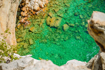 aerial view of lake - Blue Green Water and red rocks 