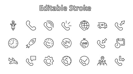 Set of Phone vector line icons. It contains the symbols of incoming, outgoing, missed calls, global call and round the clock online support and much more. Editable Stroke. 32x32 pixels.