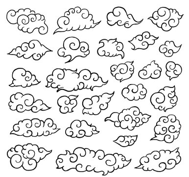 Chinese cloud. Curved chinese cloud different size. Eastern vector ornament doodle drawing collection. Oriental attribute set. Filled outline editable stroke. Black and white design illustration