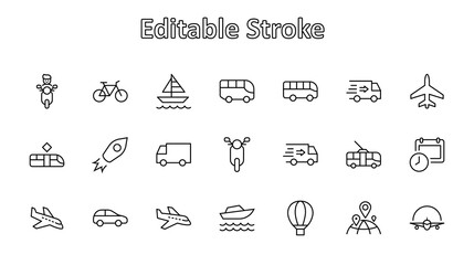 Set of Public Transport Related Vector Line Icons. Contains such Icons as Bus, Bike, Scooter, Car, balloon, Truck, Tram, Trolley, Sailboat, powerboat, Airplane and more. Editable Stroke. 32x32 Pixel