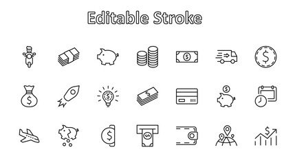 Set of Money Related Vector Line Icons. Contains such Icons as Money Bag, Piggy Bank in the form of a Pig, Wallet, ATM, Bundle of Money, Hand with a Coin and more. Editable Stroke. 32x32 Pixels.