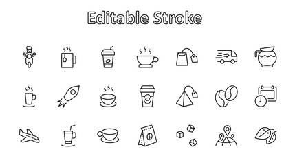 Set of Coffee and Tea Vector Line Icons. Contains such Icons as Cup of Tea, Teabags, Coffee beans and Green Tea Leaves, a pitcher of Water, Sugar Cubes and more. Editable Stroke. 32x32 Pixels