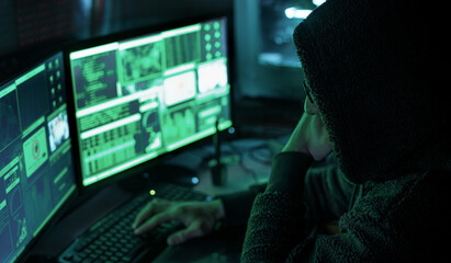 Dangerous hooded hacker in his hideout place which has a dark atmosphere, multiple displays
