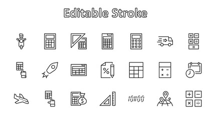 Set of Calculation Vector Line Icons. Contains such Icons as Calculator Icon, Pencil, Click, Money Bag, Percent symbol, Square and Ruler. Editable Stroke. 32x32 Pixels