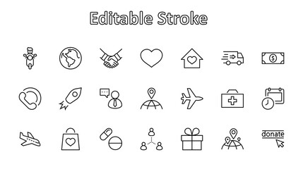 International Day for the Poor Vector Line Icons Set. Contains such Icons as Heart, planet Earth, Handshake, money, Donate, Medicines, Plane and more. Editable Stroke. 32x32 Pixels
