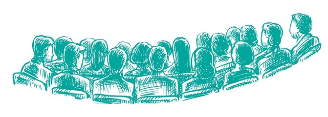 People audience. Monochrome man woman people audience silhouette on meeting or presentation at conference or lecture hall back view illustration. Vector hand drawn hatching sketch on white background