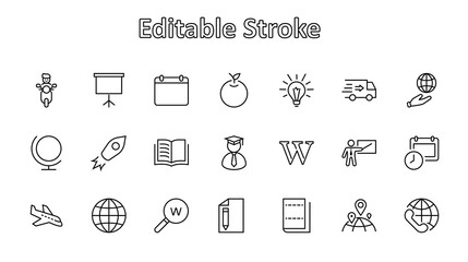 Wikipedia's birthday Set Line Vector Icon. Contains such Icons as Wikipedia, Open Book, Teacher, Blackboard, Pointer, Web Globe, Directory, Search, Lamp, Calendar. Editable Stroke. 32x32 Pixels