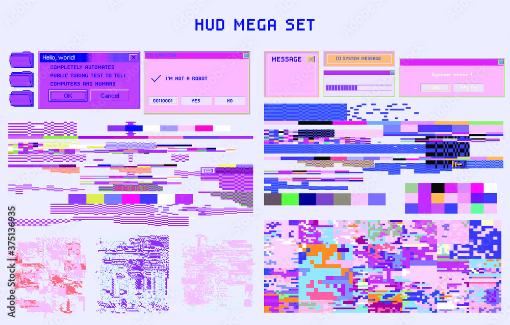 Leinwandbilder bundle of hud elements and glitch overlays. computer screen error, digital pixel noise design.