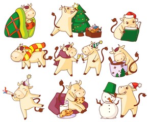Bull year symbol. Cute kawai bull new year character vector symbol icon set isolated on white background. Chinese zodiac sign in festive cap and christmas hat holiday activity illustration