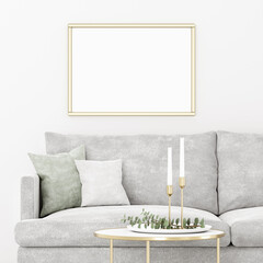 Horizontal poster mockup with wooden frame in living room interior with grey sofa and minimalist Christmas decoration. 3d rendering, illustration.
