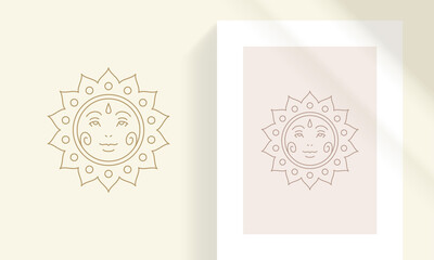 Abstract sun with human face silhouette linear vector illustration.