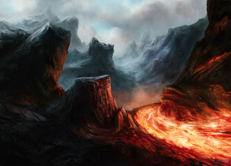 Illustration of fantasy landscape with lava and mountains - obrazy, fototapety, plakaty
