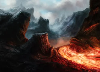 Türaufkleber Illustration der Fantasielandschaft mit Lava und Bergen © Maxim B