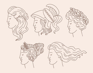 Vector set of  hand drawn  illustration of women with greek profiles  and laurel brunch  isolated. Creative tattoo artwork. Template for card, poster, banner, print for t-shirt, pin, badge, patch.