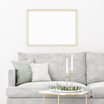 Horizontal poster mockup with wooden frame in living room interior with grey sofa and minimalist Christmas decoration. 3d rendering, illustration.