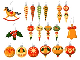 Christmas toy. Colorful Christmas toy ball, icicle, horse, holly branch with berry, bell isolated set on white background. Winter holiday decoration for xmas fir tree vector illustration