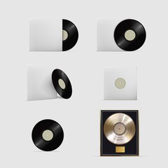 Vinyl records. Realistic vinyl audio disk records stereo platter single or in cover isolated set on white background. Vector media equipment icon illustration. Musical mix storage object collection