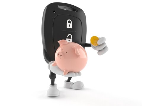Car remote key character holding piggy bank