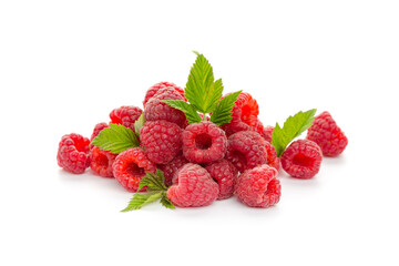  raspberries with leaf isolated on a white background
