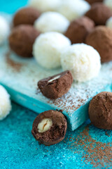 Chocolate candy. Assorted handmade chocolates. High quality photo.