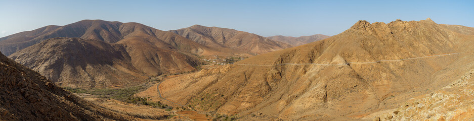 Panoramic view of the mountain landscape from the Risco de las Penas viewpoint. Fuerteventura. Canary Islands. Spain.