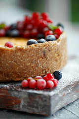 Cheesecake cake with berries. Cake with delicate curd and dough base. High quality photo.