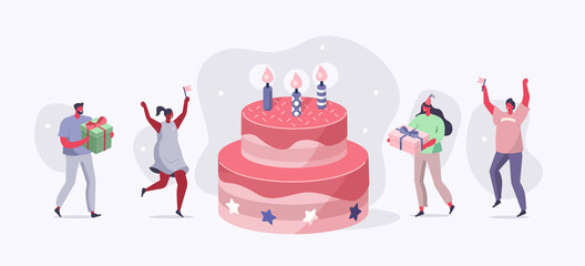 Naklejka na ściany i meble People Characters standing near Birthday Cake and Celebrating. Woman and Man holding Gift and Balloons. Friends Enjoying the Party. Happy Birthday Concept. Flat Cartoon Vector Illustration.