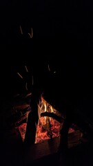 Заголовок: Camp fire in the night. Bonfire. Flame and fire sparks on dark background. Black copy space.

