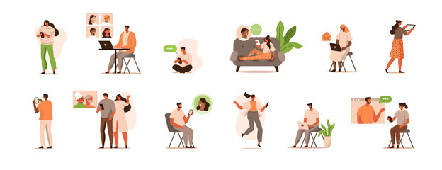 People Working at Home. Man and Woman using Smartphones, Tablets and Laptops. They Chatting, Talking by Video Call with Colleagues and Family. Characters Set. Flat Cartoon Vector Illustration. 