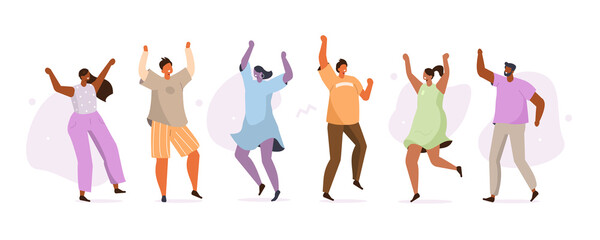 Happy Young People Characters Jumping and Dancing Together. Diverse Men and Women raising Hands, Moving and Having Fun on Party. Celebration Concept. Flat Cartoon Vector Illustration.