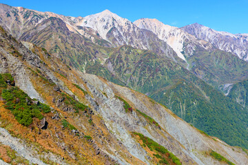 中部山岳国立公園、秋の八方尾根より白馬連峰を望む。長野、日本。10月上旬。