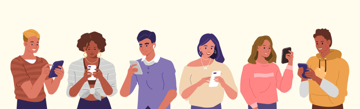 
Young People Looking On Smartphones And Chatting. Happy Boys And Girls Talking And Typing On Phone. Female And Male Characters Collection. Flat Cartoon Vector Illustration.