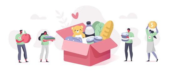 Team Volunteers working and helping in Charitable Foundation. Characters Collecting Food, Clothes and Money in Donation Box. Volunteering and Charity Concept. Flat Cartoon Vector Illustration.