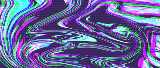 Fototapeta premium Abstract creative background with contemporary liquid paint texture and VHS glitch artifacts. Holographic synthwave illustration..