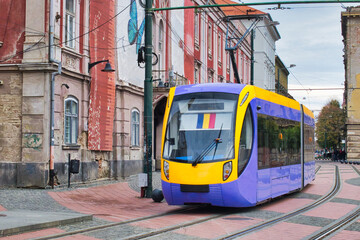 Public transport -  tram on the street of Timisoara, Romania 