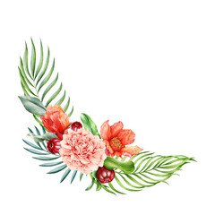 Pomegranate fruit and peony flower watercolor illustration. Hand drawn fresh garnet, organic fruit with blossoms and palm tropical leaves. Exotic floral arrangement isolated on white background